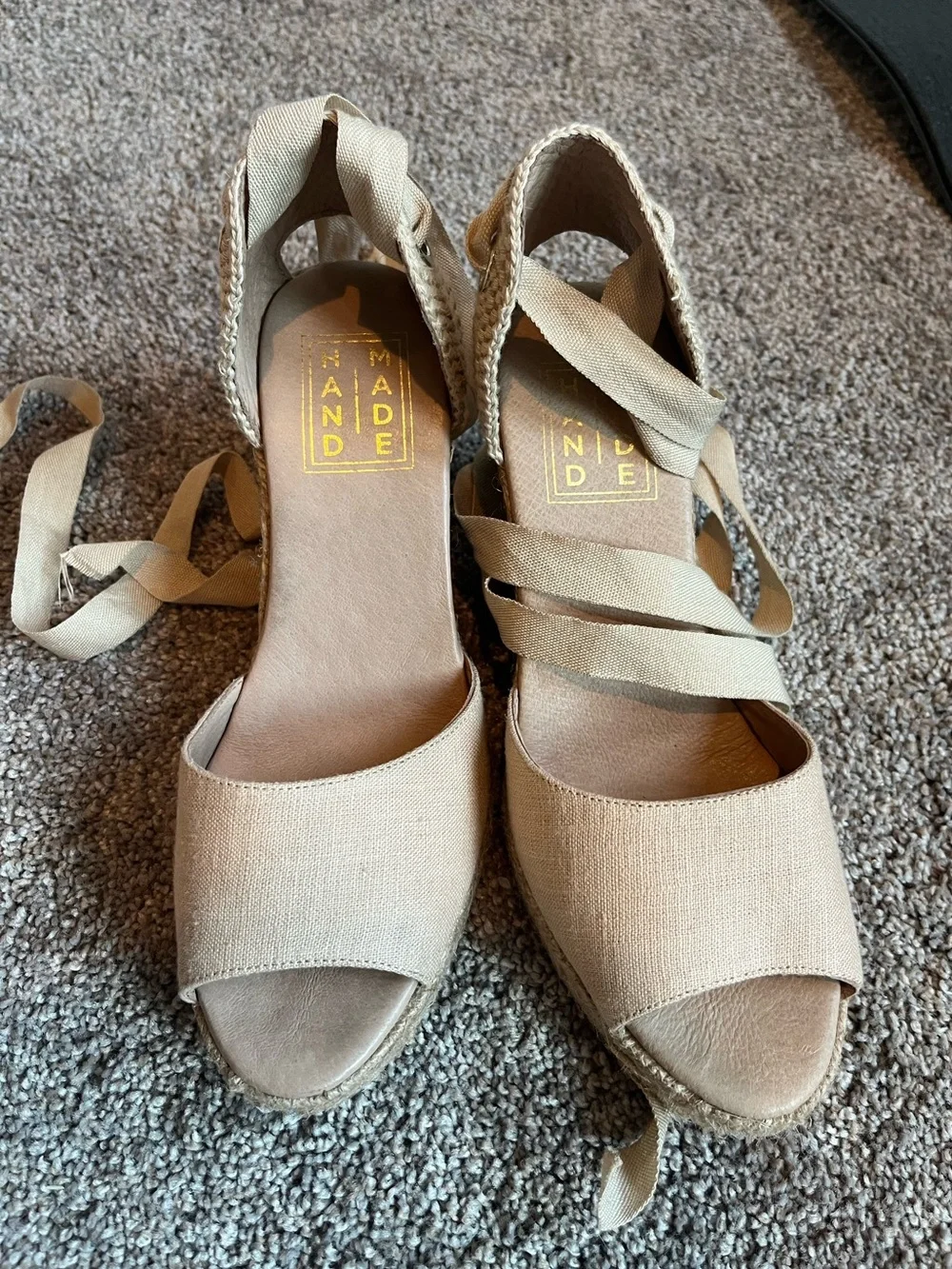 Tan Espadrille Wedge Sandals w/ Ankle Tie - Custom Peruvian Boutique Made. Sz 36